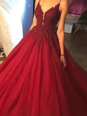 Gorgeous Spaghetti Strap Beads Prom Dresses Red Elegant Lace Puffy Ball Gown Evening Dresses