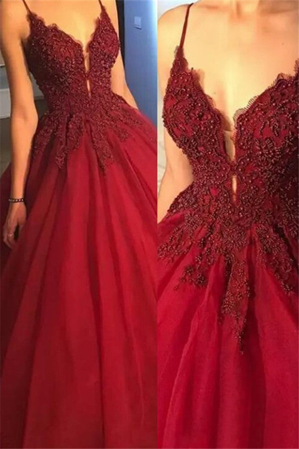 Gorgeous Spaghetti Strap Beads Prom Dresses Red Elegant Lace Puffy Ball Gown Evening Dresses