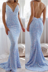 Gorgeous Spaghetti-Straps Backless Prom Dress Mermaid Sequins Sleeveless