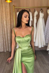 Gorgeous Spaghetti-Straps Sage Green Prom Dress Mermaid Split Long