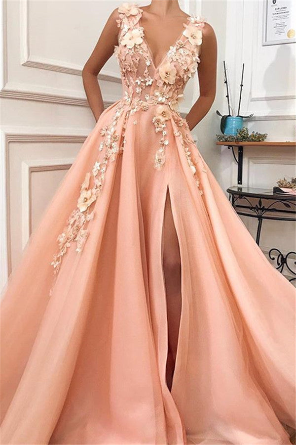 Gorgeous Straps V-Neck Flower Appliques A-Line Prom Party Gowns