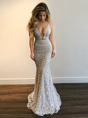 Gorgeous V-Neck Prom Party Gowns| Lace Mermaid Evening Gowns