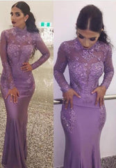 Gorgeous Wholesale High Neck Elegant Long Sleevess Evening Dresses Fit and Flare Appliques Prom Dresses