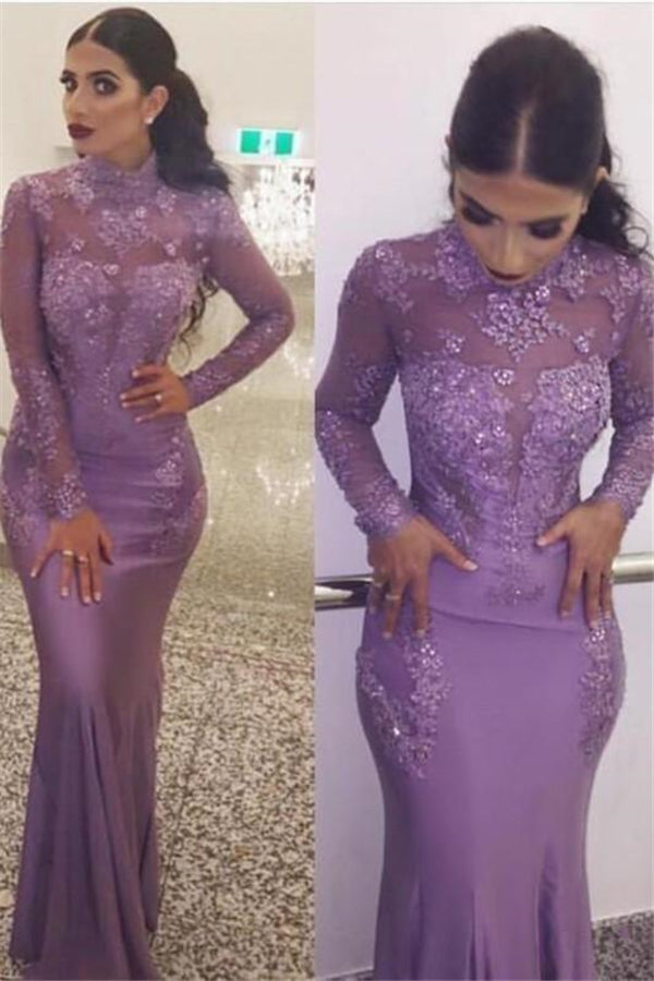 Gorgeous Wholesale High Neck Elegant Long Sleevess Evening Dresses Fit and Flare Appliques Prom Dresses