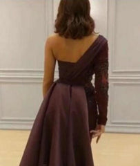 Graceful Asymmetric Splicing One Shoulder Appliques Spandex Satin Party Dresses Floor Length Open Back Evening Gowns With Waist Band