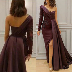 Graceful Asymmetric Splicing One Shoulder Appliques Spandex Satin Party Dresses Floor Length Open Back Evening Gowns With Waist Band