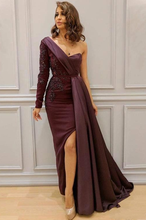 Graceful Asymmetric Splicing One Shoulder Appliques Spandex Satin Party Dresses Floor Length Open Back Evening Gowns With Waist Band