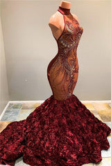 Halter Fit and Flare Flowers Maroon Prom Dresses Full Beads Sequins Luxurious Evening Dress