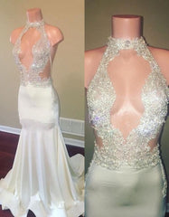 Halter Sleeveless Sheer Appliques High Neck Mermaid Prom Dresses