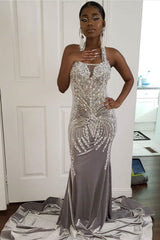 Halter Sparkle Crystal Sliver Prom Dresses Fit and Flare Alluring Backless Evening Gowns