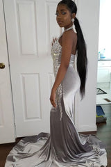 Halter Sparkle Crystal Sliver Prom Dresses Fit and Flare Alluring Backless Evening Gowns