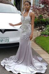 Halter Sparkle Crystal Sliver Prom Dresses Fit and Flare Alluring Backless Evening Gowns