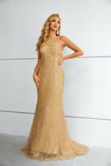 High Collar Mermaid Floor-length Sleeveless Backless Appliques Lace Modest Prom Dress