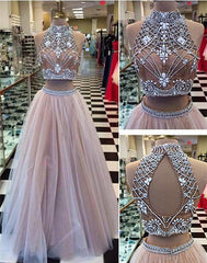 High Collar Two Piece Tulle Evening Dress with Beading A-Line Halter Long Prom Party Gowns