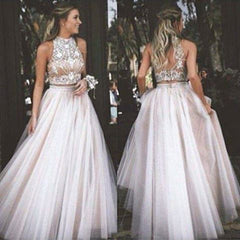 High Collar Two Piece Tulle Evening Dress with Beading A-Line Halter Long Prom Party Gowns