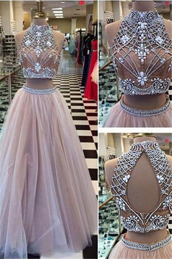 High Collar Two Piece Tulle Evening Dress with Beading A-Line Halter Long Prom Party Gowns