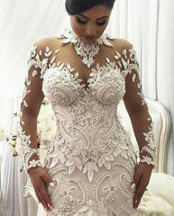 High Neck Beads Appliques Mermaid Wedding Dresses Sheer Tulle Long Sleeves Bridal Gowns