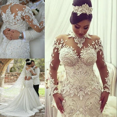 High Neck Beads Appliques Mermaid Wedding Dresses Sheer Tulle Long Sleeves Bridal Gowns