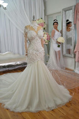 High Neck Beads Appliques Mermaid Wedding Dresses Sheer Tulle Long Sleeves Bridal Gowns