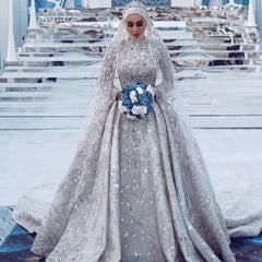 High Neck Crystal Beaded Detachable Train Lace Wedding Dress