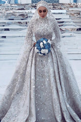 High Neck Crystal Beaded Detachable Train Lace Wedding Dress