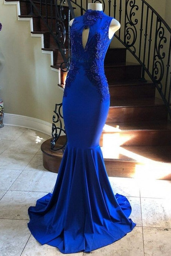 High Neck Keyhole Appliques Sleeveless Mermaid Evening Dresses