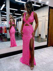 Hot Pink Mermaid V Neck Sequins Prom Dress with Slit