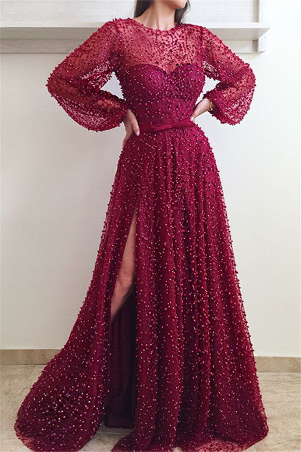 Illusion neck Scarlet Long Sleevess Side Slit Evening Dresses Flare sleeves Princess Beaded Prom Dresses with Bow