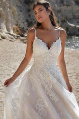 Ivory Spaghetti Straps Floor Length A-Line Wedding Dresses