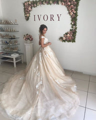 Ivory V neck off the shoulder Princess Ball Gown Wedding Dress