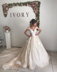 Ivory V neck off the shoulder Princess Ball Gown Wedding Dress