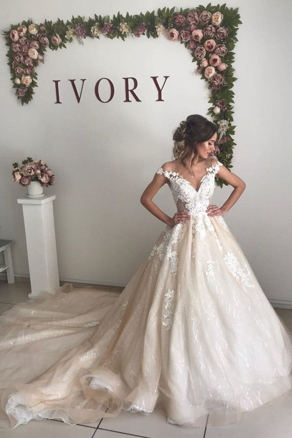 Ivory V neck off the shoulder Princess Ball Gown Wedding Dress