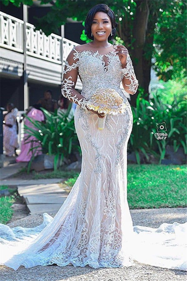 Lace Appliques Mermaid Wedding Dress Long Sleeves Plus Size Bridal Dresses