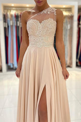 Lace Appliques Sleeveless One-Shoulder Prom Dress