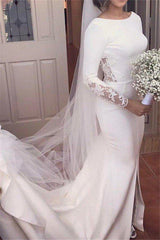 Lace Satin Long Sleevess Mermaid Scoop Court Train Wedding Dresses
