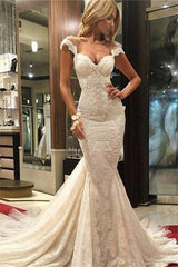 Lace Sleeveless Sweep Train Mermaid V neck Wedding Dresses