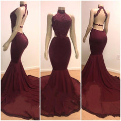 Lace Top High Neck Mermaid Long Burgundy Prom Dresses