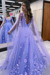 Lavender 3D Floral Lace A-Line Prom Dress with Cape Sleeves