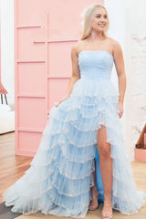 Light Blue Strapless Layered Tulle Prom Dress with Sequins