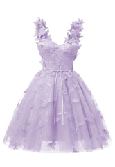 Lilac 3D Butterfly Lace Applique Tulle Homecoming Dress for Teens Sweetheart Mini Short Prom Dresses