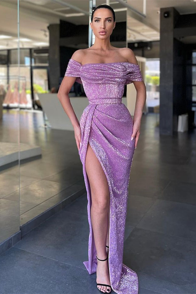 Lilac Off-the-Shoulder Sequins Prom Dress Long With Slit