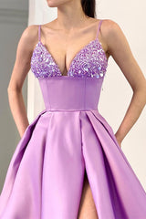 Lilac Spaghetti-Straps Sleeveless Prom Dress Split Long With Sequins