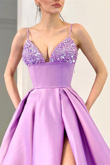 Lilac Spaghetti-Straps Sleeveless Prom Dress Split Long With Sequins