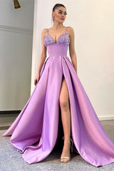 Lilac Spaghetti-Straps Sleeveless Prom Dress Split Long With Sequins