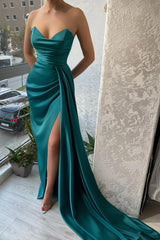 Long Dark Green Mermaid Sleeveless Prom Dresses Long Slit Online