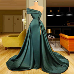 Long Dark Green Satin Prom Dresses Elegant Split Evening Gowns