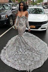Long Sexy Sweetheart Silvery Mermaid Prom Dress Sequins Long Sleeves