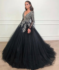 Long Sleeves Ball Gown Prom Dress Sequins Black V-Neck Long Tulle