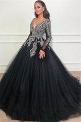 Long Sleeves Ball Gown Prom Dress Sequins Black V-Neck Long Tulle