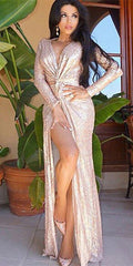 Long Sleeves Champagne Prom Dresses |Deep V-neck Sequins Chic Slit Evening Dress